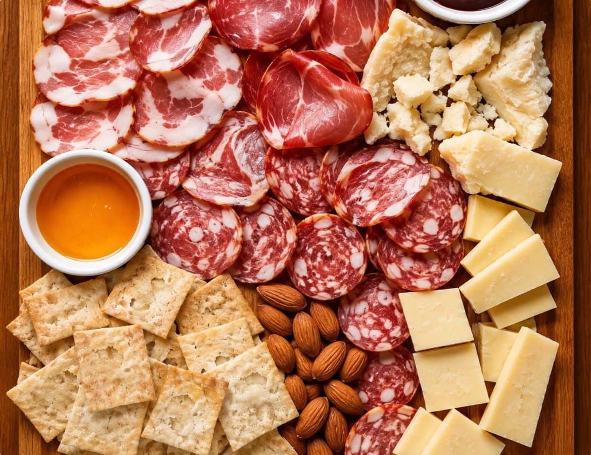 A charcuterie board with cured meats, cheeses, sourdough crackers, almonds and honey