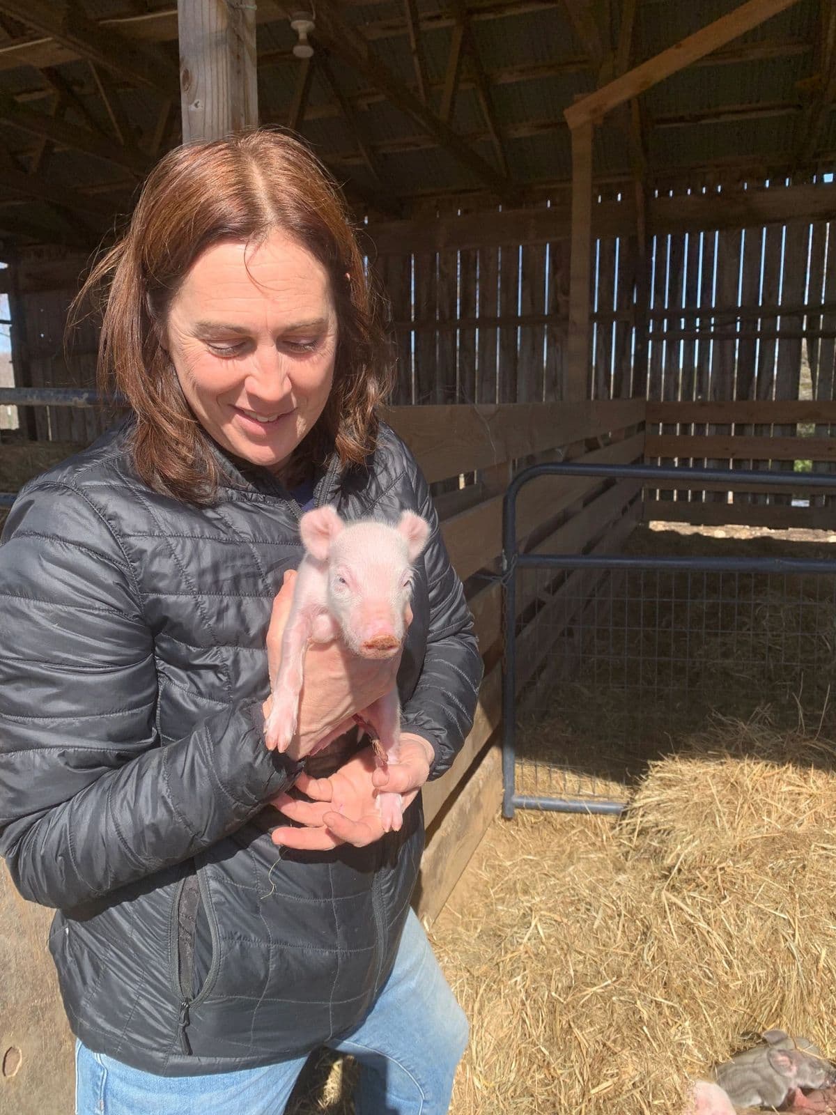 Amie holding a Mangalitsa piglet in the barn
